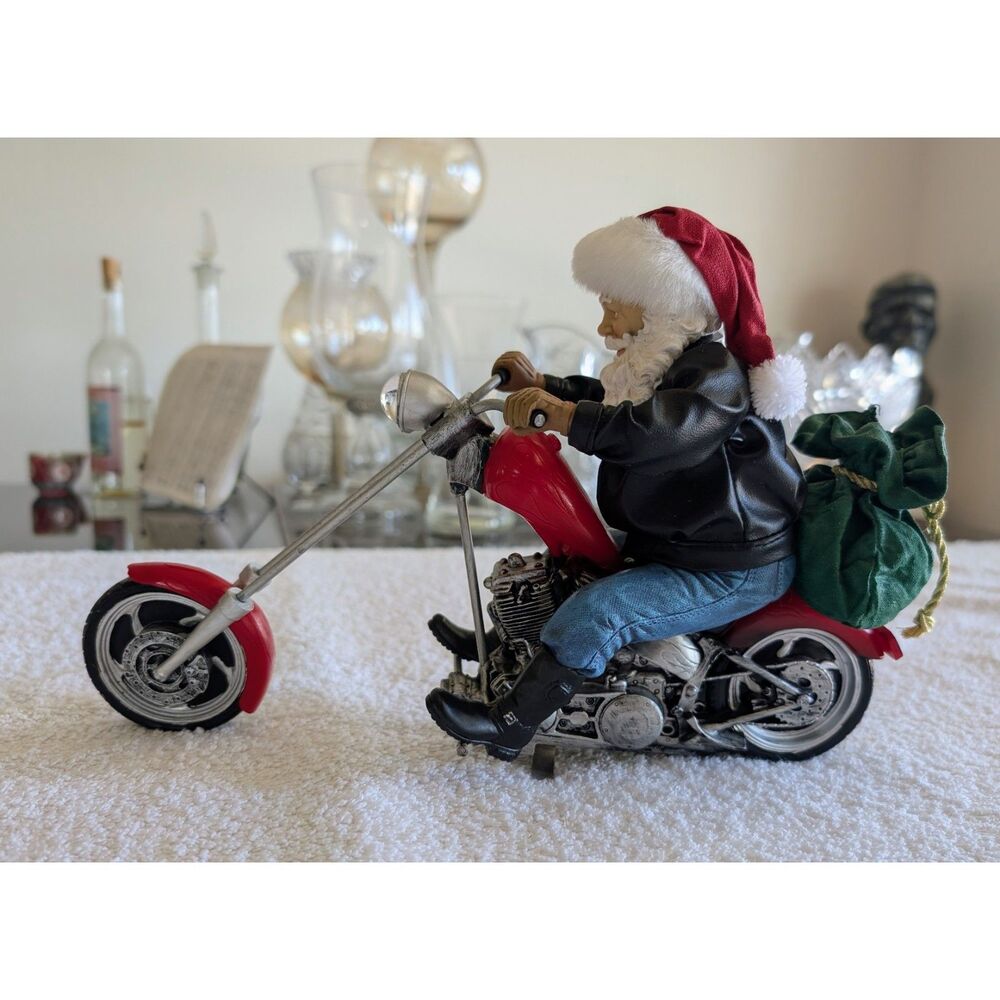 Biker Santa Claus Motorcycle Chopper Figurine Christmas Decor Gift Sack